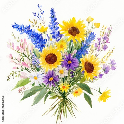Vibrant floral bouquet a stunning watercolor arrangement of bright sunflowers and wildflowers