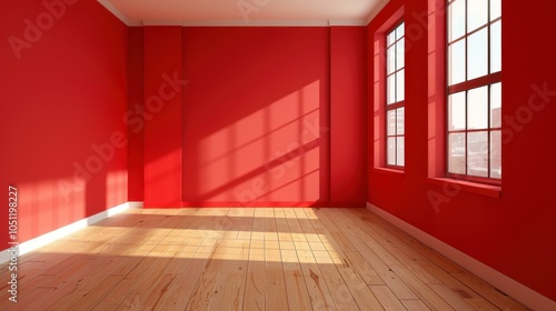 Bright and chic room under renovation features large windows and bold red walls, offering a stylish retreat for relocation. photo