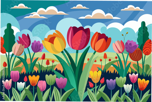 Different colors of tulips garden the sky is a blue vector illustration photo