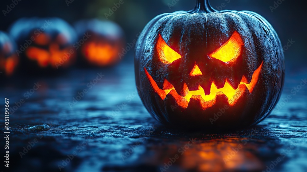 Jack-o'-lantern face glowing in the dark with an eerie expression, creating an unsettling Halloween mood.illustration Jack-o'-lantern face glowing in the dark with an eerie expression, creating an unsettling Halloween mood.illustration