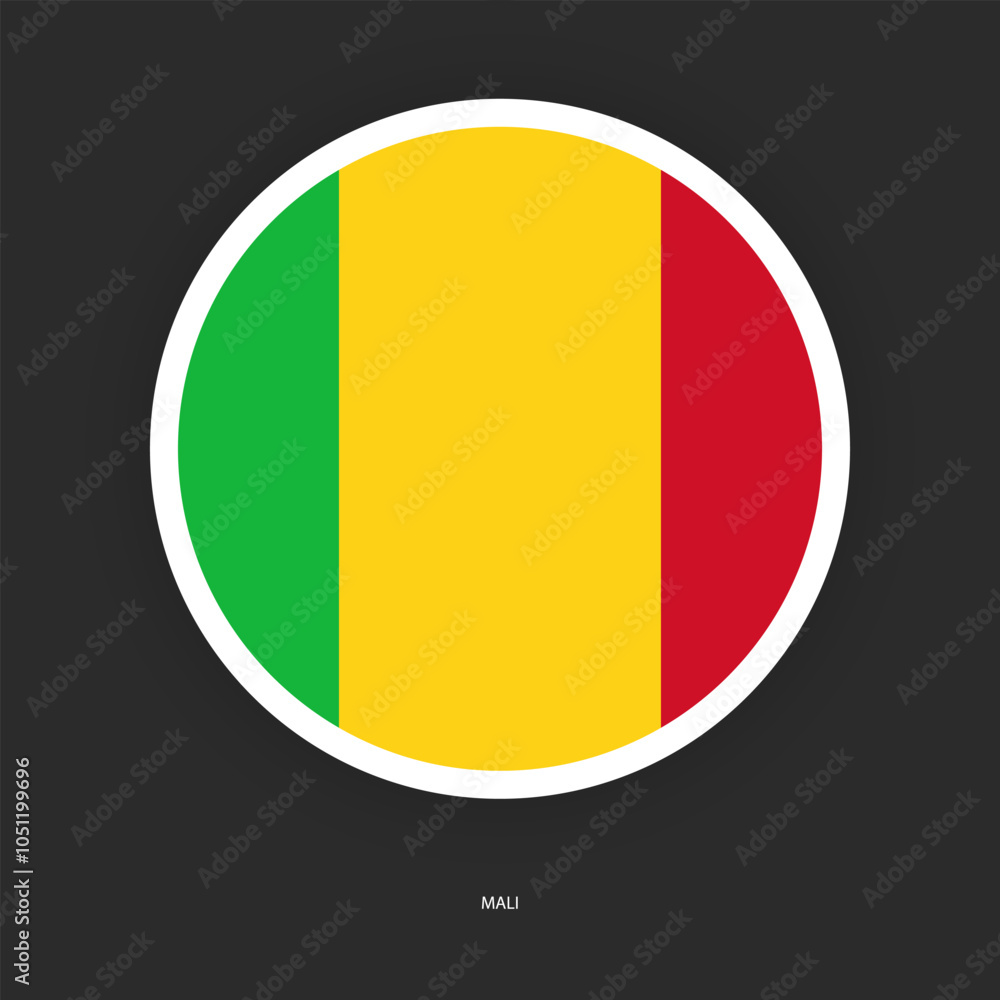 Fototapeta premium Mali circle flag icon with shadow on dark background. Mali button icon with white border isolated dark grey background