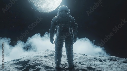 human cyborg man is depicted standing on moonscape, symbolizing futuristic technology. photo