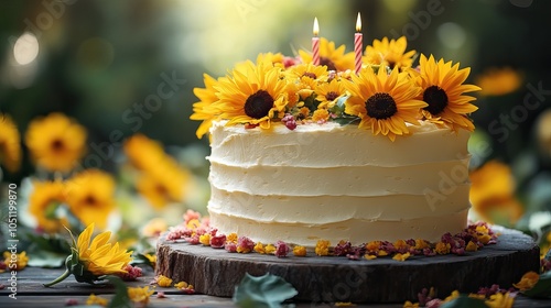 joyful birthday scene featuring sunflowers and bright yellow background, perfect for celebration.image