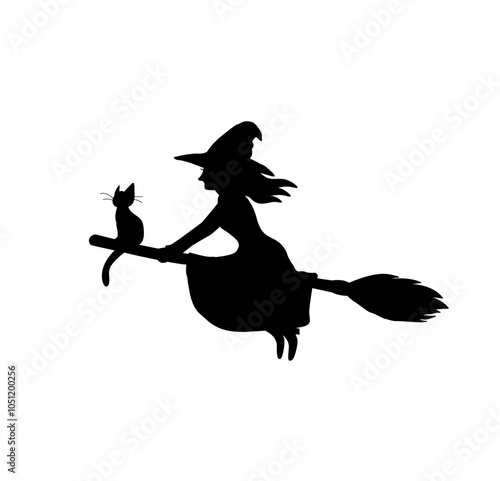 魔女のシルエット　ハロウィン素材　魔女のイラスト　黒猫　ほうきに乗る魔女　シンプルなイラスト