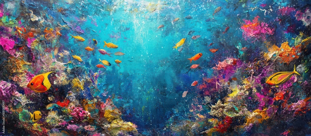 Obraz premium A vibrant coral reef teeming with colorful fish in a blue ocean.
