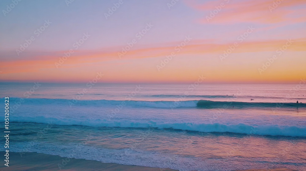 Obraz premium gentle blue ocean waves lapping against a sandy shore, with the sunlight reflecting off the water's surface, creating a shimmering effect.