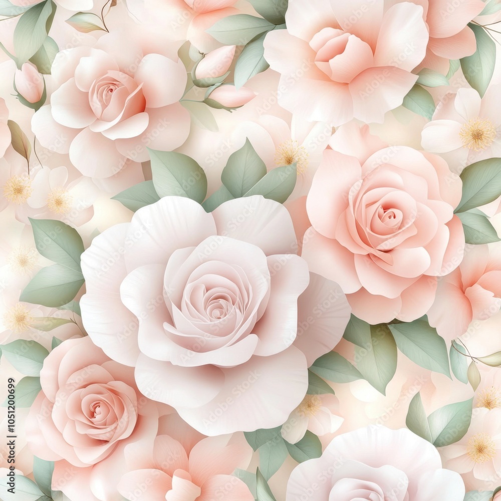 Fototapeta premium Beautiful soft pink roses in full bloom, adorned with delicate leaves, perfect for floral themes and romantic designs.