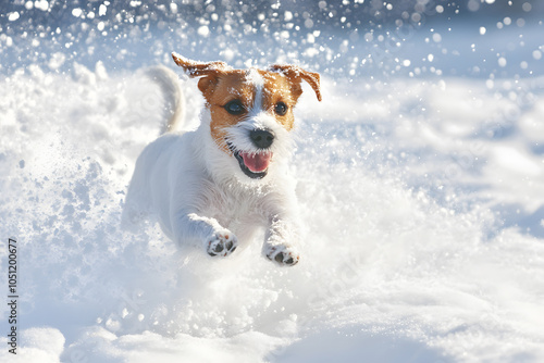 Energetic dog playing in fresh snow, jumping with joy and wagging tail in winter scene photo