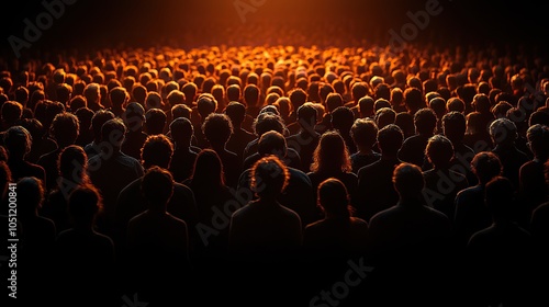 large crowd silhouetted against black background, with faces and bodies illuminated by golden light.stock photo