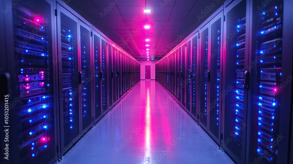 Fototapeta premium large server room with rows of black and blue cabinets, illuminated by bright lights.stock photo