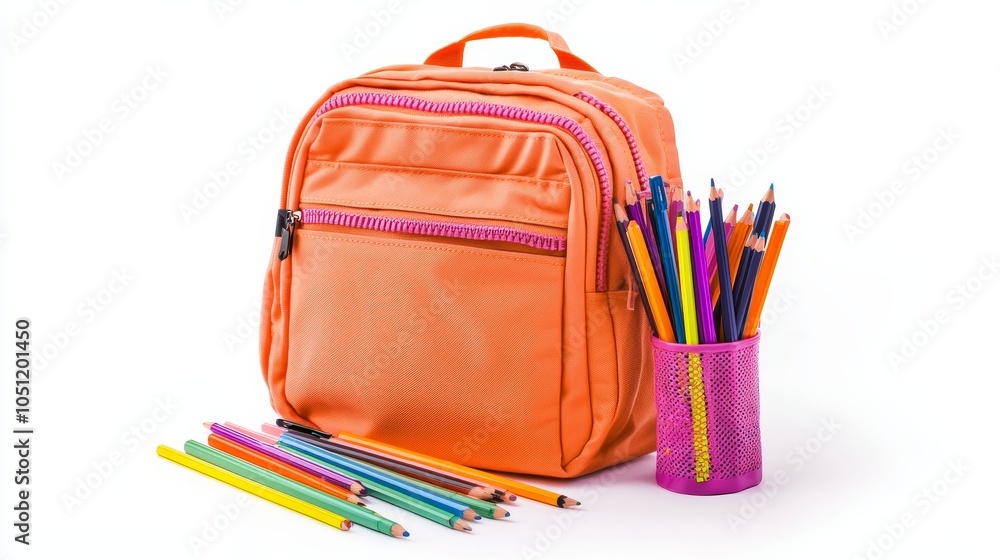 Bright colorful backpack with school stationery neatly arranged around, isolated on white, minimalist educational supplies, perfect for back-to-school visuals Bright colorful backpack with school stationery neatly arranged around, isolated on white, minimalist educational supplies, perfect for back-to-school visuals