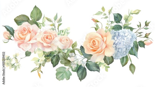 Delicate floral arrangement featuring soft pink roses and blue hydrangeas in a lush green composition