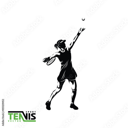 Vector image of a black and white illustration of a female tennis player