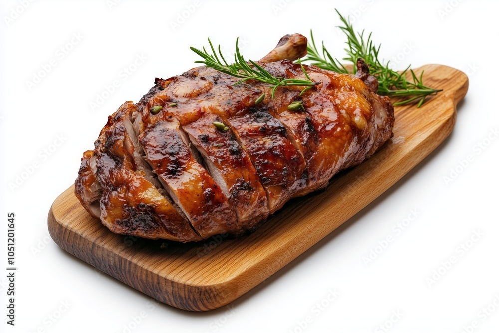 Whole oven-roasted duck, golden brown, isolated against white background. AI generated Whole oven-roasted duck, golden brown, isolated against white background. AI generated