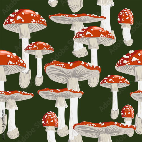 vector drawing seamless pattern with fly agaric, poisonus mushroom at dark green background, Amanita muscaria, natural element, hand drawn botanical illustration