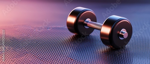 A black weight training dumbbell resting on a textured surface with a gradient background, symbolizing fitness and strength training. photo