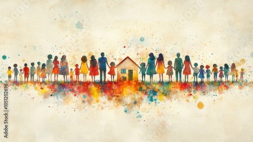 A Watercolor Illustration of a Large Family Standing in Front of Their Home