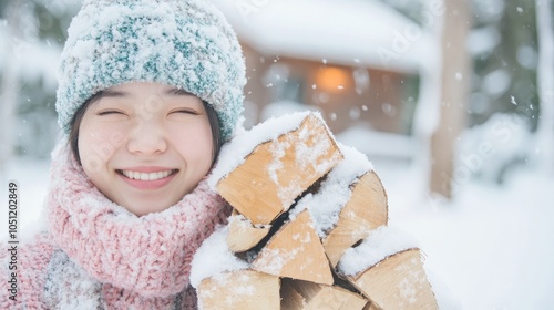 Winter Storm Preparation Young Woman Stacking Firewood for Cozy Holidays photo