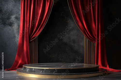 black marble pedestal with red curtains and gold accents  for presentation mockup
