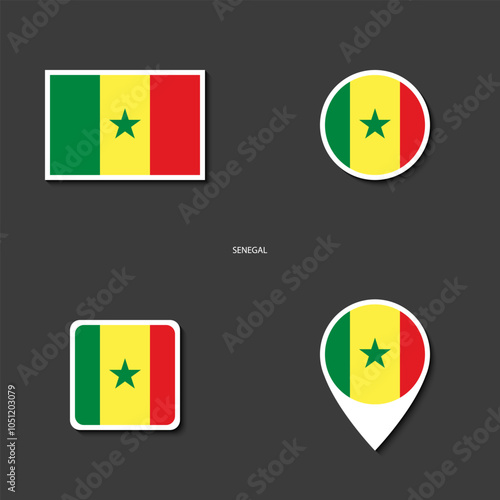 Senegal flag icon set in different shape (rectangle, circle, square and marker icon) on dark grey background. Senegal sticker icon collection on barely dark background	
