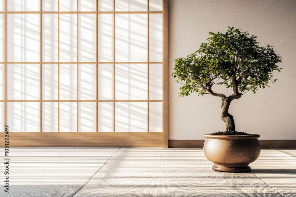 Tranquil Minimalist Room with Morning Light and Bonsai - Perfect for Earth Day and World Environment Day Tranquil Minimalist Room with Morning Light and Bonsai - Perfect for Earth Day and World Environment Day