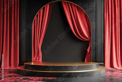 elegant black and red stage podium with gold trim for product display