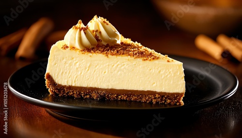 Delicious slice of creamy cheesecake on a black plate, topped with whipped cream and cinnamon. Perfect dessert for any occasion. photo