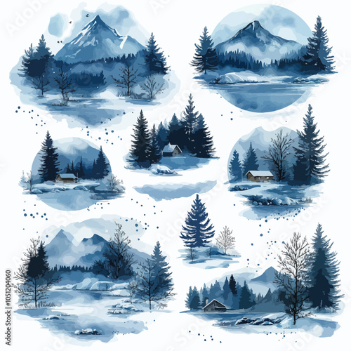 Watercolor Winter Scene Die Cut Vinyl Vector Collection