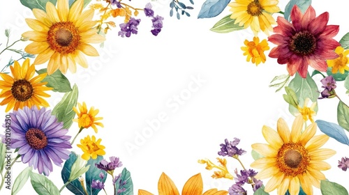 Vibrant floral border design featuring diverse sunflowers and wildflowers in a watercolor style