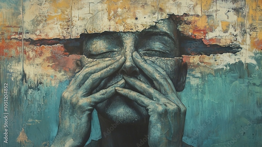 Abstract Expressionist Painting of a Face with Hands Covering the Eyes Abstract Expressionist Painting of a Face with Hands Covering the Eyes