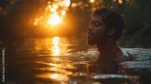 man being baptized in the river, captured in serene, reflective moment of spirituality.image