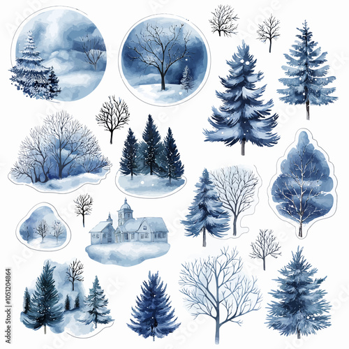 Watercolor Winter Scene Die Cut Vinyl Vector Collection