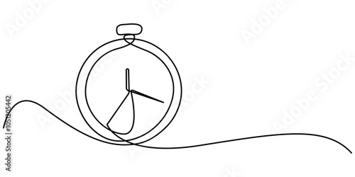 Continuous one line drawing of vintage alarm clock. Single line art illustration on the theme of time, deadline, morning, time to work on transparent background, Clock with arrow. One thin line