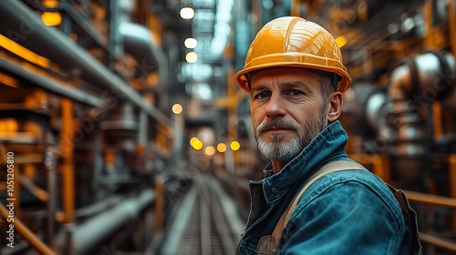 man in hard hat standing in front of train tracks, representing industrial work.