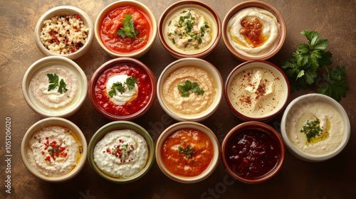 Fresh Eastern Dips and Sauces on Traditional Table