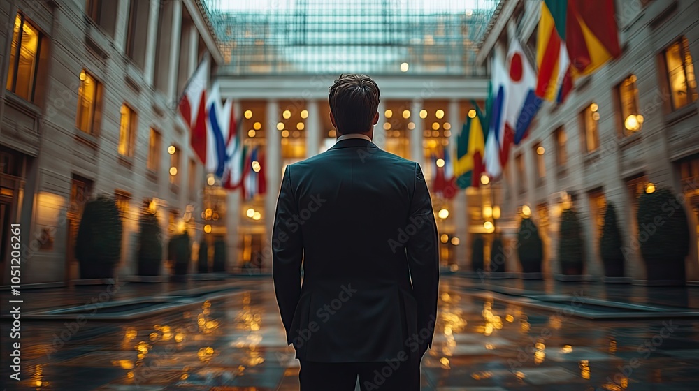 man in suit standing in front of government building, surrounded by waving flags in the background.image man in suit standing in front of government building, surrounded by waving flags in the background.image