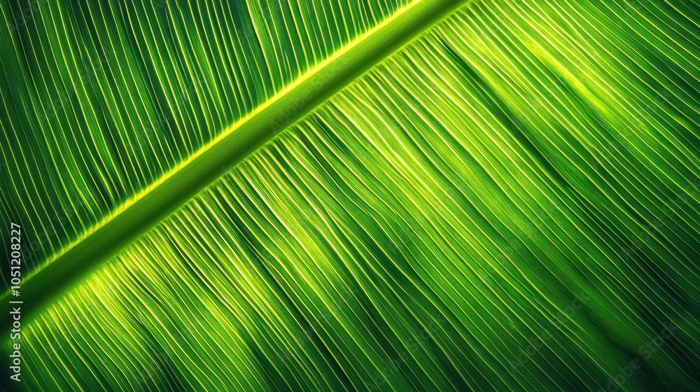 vibrant green banana leaf showcasing intricate veins and patterns that reflect the sunlight, vibrant green banana leaf showcasing intricate veins and patterns that reflect the sunlight,