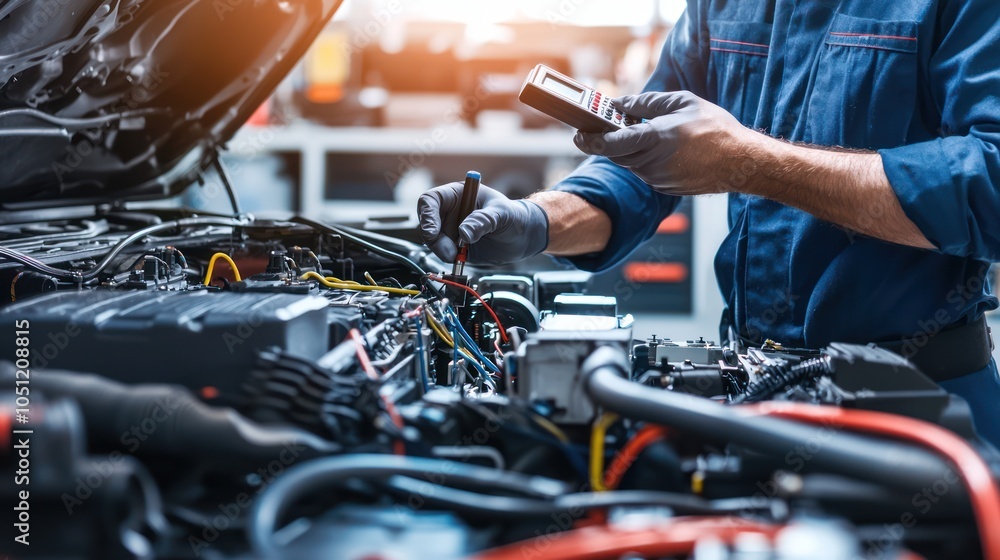 Experienced Mechanic Testing Electrical Connections with Multimeter in High-Tech Garage Experienced Mechanic Testing Electrical Connections with Multimeter in High-Tech Garage