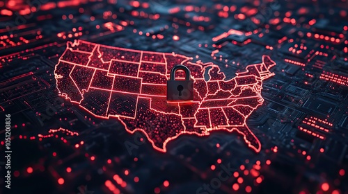 map of the United States with glowing red lights and an American flag, featuring lock symbolizing security.image