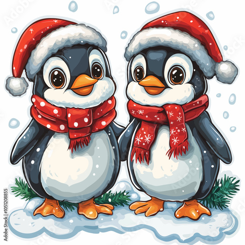 Cute Penguins in Holiday Attire, Christmas, Winter, Festive