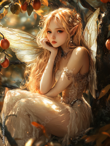 A cute angel sits on the branches