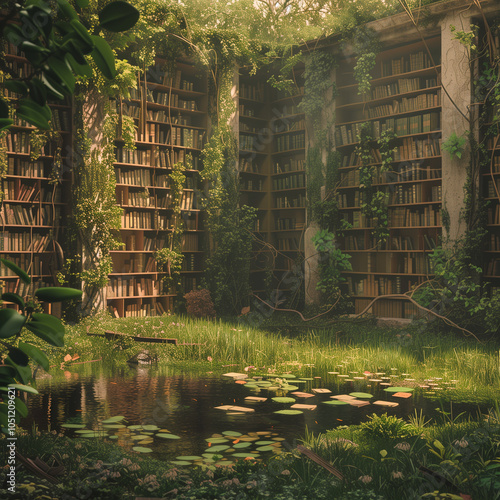 A Puddle is in the middle of the Abandoned library surrounded by forest