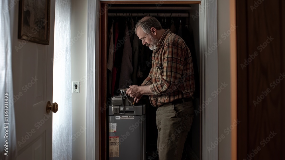 Vertical shot of handyman fixing boiler in closet. Vertical shot of handyman fixing boiler in closet.