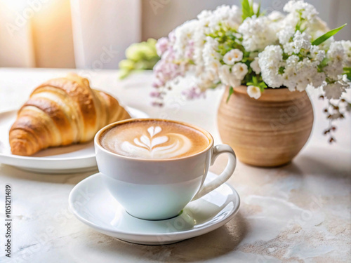 Cappuccino with Croissant and Flowers