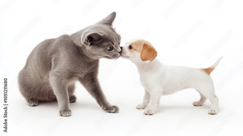 amusing cat and dog portrait, grey cat showing dominance, playful puppy pose, pure white environment, professional photography style, spontaneous moment, fine fur detail, gentle shadows amusing cat and dog portrait, grey cat showing dominance, playful puppy pose, pure white environment, professional photography style, spontaneous moment, fine fur detail, gentle shadows