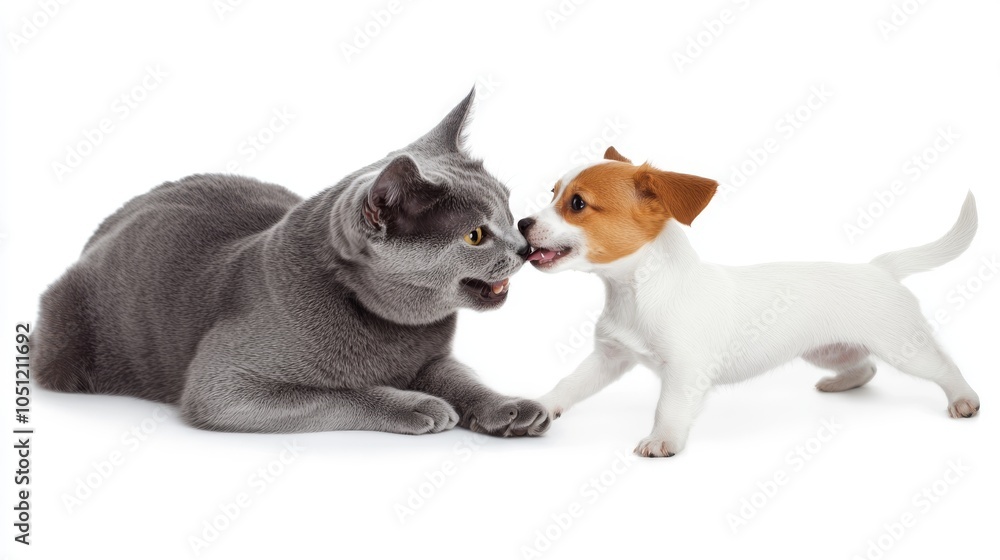 amusing cat and dog portrait, grey cat showing dominance, playful puppy pose, pure white environment, professional photography style, spontaneous moment, fine fur detail, gentle shadows amusing cat and dog portrait, grey cat showing dominance, playful puppy pose, pure white environment, professional photography style, spontaneous moment, fine fur detail, gentle shadows