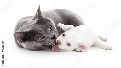 amusing cat and dog portrait, grey cat showing dominance, playful puppy pose, pure white environment, professional photography style, spontaneous moment, fine fur detail, gentle shadows