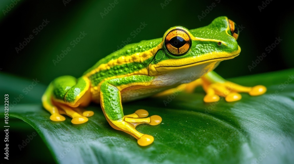 Obraz premium An enchanting green frog perched on a lush leaf, showcasing vibrant colors against a natural backdrop.