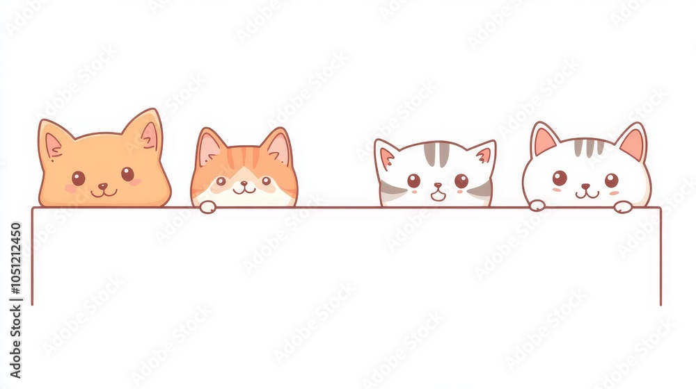 Obraz premium cute pet peek illustration, kawaii animal heads, orange dog and striped cat characters, outline art style, simple line drawing, white message board template, minimal design
