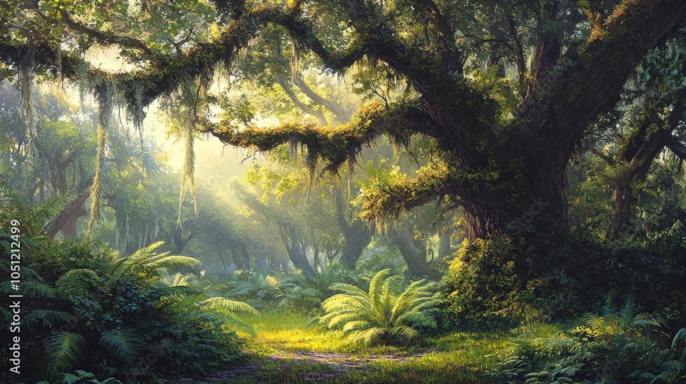 Sunlit ferns and moss on trees. Sunlit ferns and moss on trees.